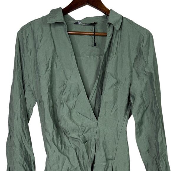 Zara Long Sleeve Tunic Wrap Style Mini Dress Collard V Neck Button M Olive Green - Picture 3 of 15